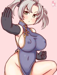 Rule 34 | 1girl, antenna hair, artist logo, blue dress, china dress, chinese clothes, covered erect nipples, dated, dress, elbow gloves, fighting stance, gloves, gradient background, green eyes, grey hair, kanon (kurogane knights), kantai collection, kinugasa (kancolle), long hair, looking at viewer, one-hour drawing challenge, pink background, smile, solo