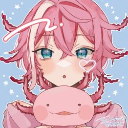 Rule 34 | 1other, aiueonigiri, androgynous, axolotl, blue background, blue eyes, blush, commentary, commission, english commentary, heart, indie virtual youtuber, looking at viewer, open mouth, ottolotl, pink hair, profile, short hair, skeb commission, solo, star (symbol), virtual youtuber