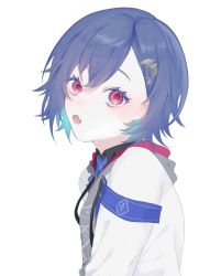 Rule 34 | 10 io, 1girl, :o, armband, blazer, blue hair, dolphin hair ornament, fang, from side, grey hoodie, head tilt, highres, hood, hoodie, jacket, looking at viewer, nijisanji, nishizono chigusa, open mouth, red eyes, school uniform, short hair, simple background, skin fang, solo, upper body, virtual youtuber, white background, white jacket