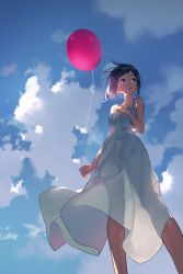 Rule 34 | 1girl, backlighting, balloon, blue sky, breasts, cloud, cloudy sky, day, dress, foreshortening, from below, hand on own chest, highres, jandy, looking away, original, outdoors, parted lips, purple eyes, purple hair, see-through silhouette, short hair, sky, small breasts, solo, sundress, white dress