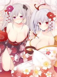 Rule 34 | 2girls, blush, bowl, breasts, chopsticks, cleavage, collarbone, floral print, flower, food, hair flower, hair ornament, hair ribbon, heart, heart-shaped pupils, highres, japanese clothes, kimono, large breasts, long hair, looking at viewer, miko (royal milk), mochi, multiple girls, original, pink eyes, red eyes, ribbon, short hair, side ponytail, silver hair, symbol-shaped pupils, twintails
