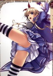 Rule 34 | 1girl, alicia (queen&#039;s blade), ass, blue eyes, breasts, brown hair, cape, dutch angle, fingerless gloves, gloves, hair ribbon, highres, long hair, looking at viewer, misaki kurehito, non-web source, official art, open mouth, panties, queen&#039;s blade, queen&#039;s blade grimoire, ribbon, scan, short sleeves, skirt, solo, striped clothes, striped legwear, striped thighhighs, thighhighs, underwear