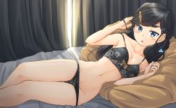 Rule 34 | 1girl, bed, black bra, black hair, black panties, bow, bow bra, bra, breasts, cleavage, collarbone, commentary request, curtains, day, earrings, eyebrows, groin, hair ornament, hairclip, hand in own hair, highres, indoors, jewelry, junk gaming maiden, kitsunerider, lips, long hair, looking at viewer, lying, medium breasts, mole, mole under eye, nail polish, on bed, on side, panties, panty pull, parted lips, pillow, print bra, print panties, purple nails, solo, strap slip, sunlight, swept bangs, thigh gap, underwear, underwear only