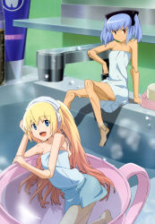 Rule 34 | &gt;:(, 10s, 2girls, :d, absurdres, ann (busou shinki), arm support, arnval, arnval mk2, barefoot, bathing, bathroom, blonde hair, blue eyes, blue hair, bottle, breasts, busou shinki, cup, doll joints, faucet, feet, frown, gradient hair, hand on own head, headdress, headphones, highres, hina (busou shinki), in container, in cup, joints, legs, long hair, mini person, minigirl, mirror, multicolored hair, multiple girls, naked towel, non-web source, nozaki atsuko, nyantype, official art, open mouth, orange eyes, orange hair, partially submerged, pout, reclining, red eyes, scan, short hair, short twintails, sink, sitting, small breasts, smile, soaking feet, soap, standing, steam, strarf, strarf mk2, tan, teacup, towel, towel on head, tray, twintails, v-shaped eyebrows, very long hair, water