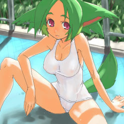Rule 34 | 1girl, animal ears, breasts, cleavage, green hair, large breasts, one-piece swimsuit, original, pink eyes, red eyes, school swimsuit, see-through, sitting, solo, spread legs, swimsuit, tail, unaji, white school swimsuit, white one-piece swimsuit