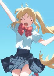 Rule 34 | 1girl, ^ ^, blonde hair, blush, bocchi the rock!, closed eyes, highres, ijichi nijika, jumping, long hair, outstretched arm, pleated skirt, polka dot bowtie, school uniform, shirt tucked in, short sleeves, side ponytail, skirt, smile, solo, very long hair, yuuli (tuna221022)