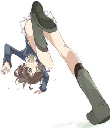 Rule 34 | 10s, 1girl, akiyama yukari, boots, brown eyes, brown hair, convenient censoring, convenient leg, flying sweatdrops, from below, girls und panzer, ixy, ooarai military uniform, simple background, solo, white background