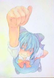 Rule 34 | 1girl, arm up, blouse, blue dress, blue eyes, blue hair, bow, cirno, dress, from above, full body, gradient background, hair bow, hand on own hip, highres, ice, ice wings, looking at viewer, looking up, mary janes, matching hair/eyes, painting (medium), puffy short sleeves, puffy sleeves, purple background, raised fist, red bow, shirt, shoes, short hair, short sleeves, solo, touhou, traditional media, watercolor (medium), white shirt, wings, yuyu (00365676)