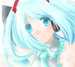 Rule 34 | 1girl, aqua hair, aqua necktie, bare shoulders, blush, cable, closed mouth, collared shirt, detached sleeves, grey shirt, hair ornament, hatsune miku, headphones, long hair, looking at viewer, minyo, necktie, petals, portrait, shirt, simple background, sleeveless, sleeveless shirt, smile, solo, twintails, upper body, vocaloid, white background