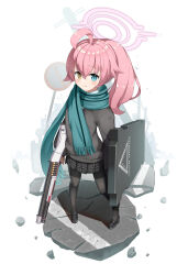 Rule 34 | 1girl, absurdres, ahoge, black footwear, black pantyhose, black skirt, black sweater, blue archive, blue eyes, blue scarf, blush, closed mouth, commentary, full body, gun, hair between eyes, halo, heterochromia, highres, holding, holding gun, holding shield, holding weapon, hoshino (blue archive), hoshino (young) (blue archive), long hair, miniskirt, pantyhose, pink hair, pink halo, plaid, plaid skirt, pleated skirt, ponytail, rindou ringdong, riot shield, road sign, scarf, shield, shoes, shotgun, sign, skirt, solo, standing, stop sign, sweater, weapon, white background, yellow eyes