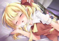 Rule 34 | 1girl, ascot, blonde hair, blush, bottomless, breasts, closed eyes, commentary request, crystal, flandre scarlet, hair ribbon, hand up, highres, implied fingering, implied masturbation, long hair, loose neckwear, lying, medium breasts, moaning, neck ribbon, on side, open mouth, out-of-frame censoring, pillow, pillow grab, red ribbon, red vest, ribbon, rushigi0, shirt, side ponytail, solo, touhou, undone neck ribbon, upper body, vampire, vest, white shirt, wings, yellow ascot