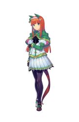 Rule 34 | 1girl, animal ears, arm at side, asymmetrical footwear, black gloves, black pantyhose, blunt bangs, brown footwear, capelet, full body, gloves, green capelet, green eyes, hairband, hand up, highres, horse girl, horse tail, long hair, looking at viewer, mismatched footwear, official art, orange hair, pantyhose, shoes, silence suzuka (umamusume), silver skirt, skirt, solo, tail, transparent background, umamusume, white footwear