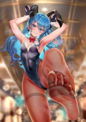 Rule 34 | 1girl, absurdres, animal ears, armpits, black gloves, black leotard, black pantyhose, blue eyes, blue hair, bow, bowtie, breasts, clenched teeth, colored inner hair, covered navel, detached collar, fake animal ears, foreshortening, gloves, hair between eyes, highleg, highleg leotard, highres, hololive, hoshimachi suisei, jagoo, leotard, medium hair, multicolored hair, one side up, pantyhose, partially fingerless gloves, playboy bunny, rabbit ears, rabbit pose, red bow, red bowtie, small breasts, smile, solo, star (symbol), star in eye, strapless, strapless leotard, symbol in eye, teeth, virtual youtuber, wrist cuffs