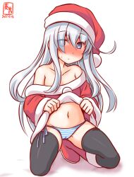 Rule 34 | 1girl, alternate costume, bare shoulders, black thighhighs, blue eyes, blue hair, blue panties, blush, cameltoe, collarbone, dress, embarrassed, hibiki (kancolle), kanon (kurogane knights), kantai collection, light blue hair, long hair, looking at viewer, navel, one-hour drawing challenge, panties, red dress, santa dress, snow, solo, strapless, thighhighs, underwear, white background, white hair