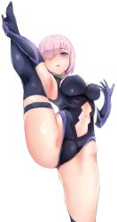 Rule 34 | 1girl, arm up, armor, armored dress, armpits, bare shoulders, black dress, black socks, black thighhighs, blush, breasts, covered erect nipples, dress, elbow gloves, fate/grand order, fate (series), gloves, hair over one eye, large breasts, leg up, light purple hair, looking at viewer, mash kyrielight, navel, oumi (rsag), parted lips, purple eyes, purple gloves, short hair, smile, socks, split, standing, standing on one leg, standing split, thighhighs