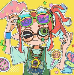 Rule 34 | 1girl, arms up, candy, chain necklace, closed mouth, commentary request, egg, eyewear on head, facial mark, food, glasses, green-framed eyewear, green eyes, inkling, inkling girl, inkling player character, jersey, jewelry, lollipop, medium hair, miko (15476997), necklace, nintendo, one eye closed, orange-framed eyewear, orange hair, pointy ears, print shirt, round eyewear, shirt, simple background, smile, solo, splatoon (series), star-shaped eyewear, star (symbol), star facial mark, tentacle hair, thick eyebrows, upper body, yellow-framed eyewear, yellow background