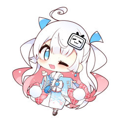 Rule 34 | 1girl, ;d, ahoge, bilibili, blue eyes, blue kimono, blue ribbon, blush, brown footwear, chibi, commentary request, copyright request, earrings, frilled socks, frills, full body, hair ornament, hair ribbon, hand up, japanese clothes, jewelry, kimono, long hair, long sleeves, looking at viewer, muuran, obi, official art, one eye closed, open mouth, ribbon, sandals, sash, simple background, smile, socks, solo, very long hair, white background, white hair, white socks, wide sleeves, zouri
