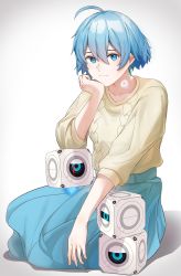 Rule 34 | 1girl, 1other, absurdres, ahoge, android, blue eyes, blue hair, blue skirt, closed mouth, cube, earrings, glowing tattoo, hand on own chin, highres, jewelry, long skirt, looking at viewer, matsumoto (vivy), mizo, neck tattoo, short hair, sitting, skirt, sweater, tattoo, vivy, vivy: fluorite eye&#039;s song, yellow sweater