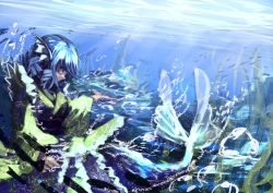 Rule 34 | 1girl, berabou, blue eyes, blue hair, bubble, fins, head fins, japanese clothes, kimono, long sleeves, matching hair/eyes, md5 mismatch, mermaid, monster girl, profile, resized, short hair, solo, touhou, underwater, wakasagihime, wide sleeves