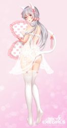 Rule 34 | 1girl, animal ears, ass, ass cutout, bow, breasts, cat tail, clothing cutout, from behind, full body, garter belt, garter straps, gradient background, hair bow, hair ribbon, highres, kneepits, lace, lace-trimmed legwear, lace trim, lingerie, long hair, looking back, low twintails, medium breasts, negligee, hugging object, panties, pink eyes, re:shimashima, ribbon, see-through, sideboob, silver hair, simple background, solo, standing, standing on one leg, tail, thighhighs, tokyo exe girls, twintails, underwear, underwear only, white panties, white thighhighs