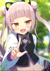 Rule 34 | 1girl, :d, absurdres, black vest, blunt bangs, blurry, blurry background, blush, bow, breasts, brown eyes, commentary request, crop top, day, depth of field, double bun, fang, hair bun, highres, hololive, index finger raised, long hair, long sleeves, looking at viewer, midriff, murasaki shion, murasaki shion (qi idol), navel, okota mikan, open mouth, outdoors, outstretched arm, purple bow, shirt, silver hair, small breasts, smile, solo, star (symbol), twintails, upper body, v-shaped eyebrows, very long hair, vest, virtual youtuber, white shirt, wide sleeves, yin yang