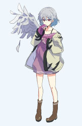 Rule 34 | 1girl, adapted costume, boots, brown footwear, closed mouth, collarbone, dress, feathered wings, grey background, grey hair, grey jacket, grey wings, hair between eyes, highres, jack (wkm74959), jacket, kishin sagume, long sleeves, one-hour drawing challenge, open clothes, open jacket, purple dress, red eyes, short hair, simple background, single wing, sleeves past wrists, solo, touhou, wings
