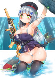 Rule 34 | 1girl, areola slip, arm up, armpits, assault rifle, bare shoulders, beret, black hat, black thighhighs, blush, breasts, cleavage, closed mouth, covered erect nipples, curvy, facial mark, girls&#039; frontline, gloves, green eyes, gun, h&amp;k hk416, hair ornament, hat, heckler &amp; koch, hk416 (girls&#039; frontline), holding, holding gun, holding weapon, large breasts, long hair, outline, rifle, silver hair, skindentation, skull, solo, straight hair, sugihara (sugihara2000), teardrop, thick thighs, thighhighs, thighs, v-shaped eyebrows, weapon, white gloves, white outline