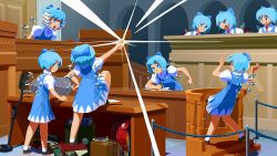 Rule 34 | 6+girls, ace attorney, alternate hairstyle, antinoya, arch, ascot, bird, birdcage, blouse, blue bow, blue dress, blue eyes, blue hair, book, bow, box, brown footwear, cage, camera, circled 9, cirno, closed mouth, coin, commentary, courtroom, desk slam, dress, english commentary, folder, full body, gavel, glint, hair between eyes, hair bow, highres, ice, ice wings, kangaroo, metal detector, multiple girls, open mouth, paper, parody, parrot, pinafore dress, podium, pole, polly (ace attorney), puffy short sleeves, puffy sleeves, red ribbon, ribbon, rope, safe (container), shirt, shoes, short hair, short sleeves, sleeveless dress, smile, socks, standing, standing on desk, surprised, tile floor, tiles, touhou, upper body, vial, white ascot, white legwear, white shirt, wig, wing collar, wings