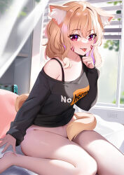 Rule 34 | 1girl, animal ear fluff, animal ears, bare legs, bare shoulders, black shirt, blonde hair, bottomless, bra strap, cat ears, cat girl, cat tail, facial mark, hand up, highres, index finger raised, long sleeves, looking at viewer, medium hair, meme, navel, no horny (meme), off shoulder, pornhub, red eyes, shirt, shyrei faolan, sitting, solo, squchan, tail, thighs, tongue, tongue out, virtual youtuber, vyugen