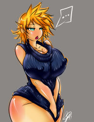 Rule 34 | 1990s (style), 1girl, breasts, cloud strife, covered erect nipples, female focus, final fantasy, final fantasy vii, gender request, genderswap, highres, huge breasts, jenovasilver, retro artstyle, simple background, solo, thick thighs, thighs