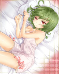 Rule 34 | 1girl, bad id, bad pixiv id, bare shoulders, bed sheet, breasts, camisole, chemise, cleavage, female focus, flower, frown, green hair, highres, kazami yuuka, lying, on side, pillow, red eyes, ribbon, shironeko yuuki, short hair, solo, strap slip, touhou