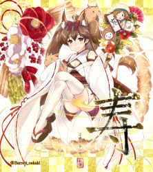 Rule 34 | 1girl, animal ears, baretto (firearms 1), belt, blush, bow, breasts, brown hair, character request, cleavage, cleavage cutout, closed mouth, clothing cutout, detached sleeves, error musume, floral background, flower, full body, hair bow, hand fan, highres, kantai collection, kemonomimi mode, looking at viewer, pig, red flower, ryuujou (kancolle), sandals, small breasts, smile, tail, thighhighs, twintails, white flower, white thighhighs