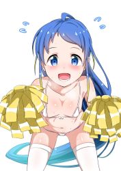 Rule 34 | 1girl, bikini, blue eyes, blue hair, breasts, cheerleader, commentary request, cowboy shot, flying sweatdrops, gradient hair, kantai collection, leaning forward, long hair, looking at viewer, micro bikini, multicolored hair, pom pom (cheerleading), samidare (kancolle), simple background, small breasts, solo, swept bangs, swimsuit, teeth, thighhighs, very long hair, white background, white bikini, white thighhighs, yokoshima (euphoria)