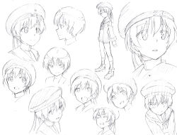 Rule 34 | 10s, 1girl, blush, expressions, full body, greyscale, hat, kantai collection, long sleeves, monochrome, multiple views, neckerchief, no headwear, no nose, open mouth, sailor collar, sailor hat, shirubaburu, short hair, simple background, standing, traditional media, upper body, white background, z1 leberecht maass (kancolle)
