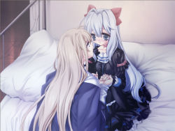 Rule 34 | 1boy, 1girl, ashe (under the moon), bed, blonde hair, blue eyes, blush, bow, choker, couple, dress, eye contact, game cg, holding hands, hetero, looking at another, ribbon, sad, tears, toujou sakana, unan, under the moon, white hair