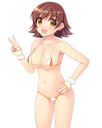 Rule 34 | 10s, 1girl, bikini, breasts, brown eyes, brown hair, cleavage, hand on own hip, highres, honda mio, idolmaster, idolmaster cinderella girls, large breasts, looking at viewer, navel, open mouth, shiny skin, short hair, smile, standing, strap gap, swimsuit, totokichi, v, wrist cuffs, wristband