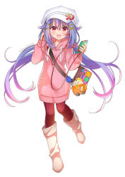 Rule 34 | 1girl, :d, artist name, bag, bag charm, boots, charm (object), digital media player, dress, earphones, hand up, handbag, hat, hat ornament, kawanobe, knee boots, long hair, open mouth, original, pantyhose, pink sweater, purple hair, red eyes, red pantyhose, simple background, smile, solo, standing, stuffed toy, sweater, sweater dress, twintails, white background, white hat