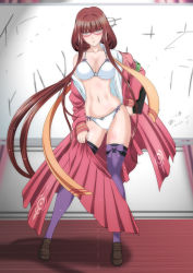 Rule 34 | 10s, 1girl, aoki hagane no arpeggio, blush, bra, breasts, brown hair, cleavage, unworn clothes, female focus, full body, glasses, hiei (aoki hagane no arpeggio), kaname aomame, large breasts, long hair, looking at viewer, low ponytail, navel, open clothes, panties, school uniform, solo, standing, thighhighs, underwear, undressing, very long hair, yellow eyes