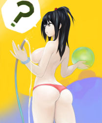 Rule 34 | 1girl, ?, ass, back, backboob, ball, black hair, breasts, censored, convenient censoring, from behind, hose, kodama yuuki, large breasts, long hair, solo, speech bubble, spoken question mark, standing, swimsuit, topless, water, water censor