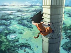 Rule 34 | 1boy, black hair, blue sky, climbing, day, dougi, dragon ball, dragon ball (classic), facing away, forest, from above, full body, korin tower, landscape, male focus, mountain, nature, outdoors, satou momonnyo, short hair, sky, solo, son goku, spiked hair, tail, tower, tree, wide shot, wristband