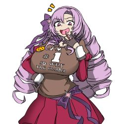 Rule 34 | 1girl, absurdres, alternate breast size, breasts, deculture, dress, drill hair, flat color, hair ribbon, hand on own hip, highres, huge breasts, hyakumantenbara salome, jewelry, laughing, looking at viewer, necklace, nijisanji, ojou-sama pose, pink eyes, pink hair, print shirt, red dress, ribbon, shirt, simple background, skirt, smiley face, virtual youtuber