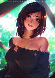Rule 34 | 1girl, bare shoulders, breasts, brown hair, eyelashes, grey eyes, large breasts, lips, lipstick, makeup, neoartcore, no bra, nose, off-shoulder, off-shoulder sweater, off shoulder, original, short hair, signature, smile, solo, sweater, torn clothes, upper body
