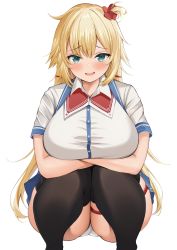 Rule 34 | 1girl, absurdres, akai haato, akai haato (1st costume), aqua eyes, bad id, bad twitter id, black thighhighs, blonde hair, blush, breasts, commentary request, curvy, dot nose, hair ornament, heart, heart hair ornament, highres, hololive, large breasts, long hair, looking at viewer, neneneji, open mouth, panties, pantyshot, plump, shirt, short sleeves, simple background, skirt, smile, solo, squatting, thick thighs, thighhighs, thighs, underwear, very long hair, virtual youtuber, white background