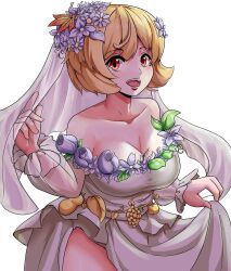 Rule 34 | 1girl, aki minoriko, bare shoulders, blonde hair, breasts, bridal veil, cleavage, collarbone, commentary, dress, english commentary, flower, hair flower, hair ornament, highres, large breasts, looking at viewer, open mouth, orange eyes, praeto, short hair, simple background, solo, teeth, touhou, touhou lostword, upper teeth only, veil, wedding dress, white background, white flower