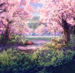 Rule 34 | bench, building, bungou to alchemist, bush, cherry blossoms, day, falling petals, flower, lamppost, no humans, official art, outdoors, petals, pink flower, scenery, spring (season), tree