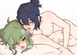 Rule 34 | 1futa, 1girl, alternate hairstyle, black hair, blush, body markings, breasts, closed eyes, collarbone, completely nude, cum, cum on ass, cum on back, eyelashes, eyeshadow, face-to-face, futa with female, futanari, genshin impact, green hair, heart, heavy breathing, highres, implied futanari, kiss, kujou sara, kuki shinobu, lips, looking at another, lying, makeup, messy hair, mouth piercing, multiple girls, navel, nipple piercing, nipples, nude, on stomach, oofxyphxia, open mouth, piercing, pink lips, ponytail, pussy juice, saliva, short hair, simple background, speech bubble, spoken heart, sweat, tattoo, teeth, tongue, tongue piercing, translated, twitter username, white background