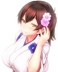 Rule 34 | 10s, 1girl, blush, breasts, brown eyes, brown hair, flower, hair flower, hair ornament, highres, japanese clothes, jewelry, kaga (kancolle), kantai collection, large breasts, ring, short hair, side ponytail, smile, solo, tasuki, upper body, wantsupanchi!!, wedding band, white background