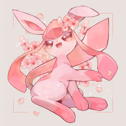 Rule 34 | ;d, alternate color, blush, brown eyes, commentary request, creatures (company), flower, framed, full body, game freak, gen 4 pokemon, glaceon, grey background, highres, kikuyoshi (tracco), nintendo, no humans, one eye closed, open mouth, petals, pink flower, pokemon, pokemon (creature), smile, solo, toes, tongue