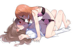 Rule 34 | 2girls, backlighting, bad id, bad pixiv id, barefoot, blouse, blush, bra, breasts, brown hair, cleavage, collared shirt, drooling, ear blush, evolvingmonkey, eye contact, eyes visible through hair, feet, female focus, from side, girl on top, highres, hojo karen, idolmaster, idolmaster cinderella girls, kamiya nao, light brown hair, long hair, looking at another, lying, medium breasts, multiple girls, navel, nose blush, on back, open clothes, open mouth, open shirt, orange hair, panties, pink bra, pink panties, red eyes, shirt, simple background, sitting, sitting on person, socks, spread toes, straddling, sweatdrop, thick eyebrows, toes, underwear, wavy hair, white background, white bra, white legwear, white panties, white shirt, wide-eyed, yuri