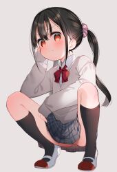 Rule 34 | 1girl, absurdres, black hair, black socks, bow, bowtie, closed mouth, collared shirt, grey background, grey skirt, hair ornament, hair scrunchie, highres, long hair, long sleeves, looking at viewer, meito (maze), original, pink scrunchie, plaid, plaid skirt, ponytail, red bow, red bowtie, red eyes, school uniform, scrunchie, shirt, shoes, simple background, skirt, socks, solo, squatting, sweater vest, white footwear, white shirt, white sweater vest